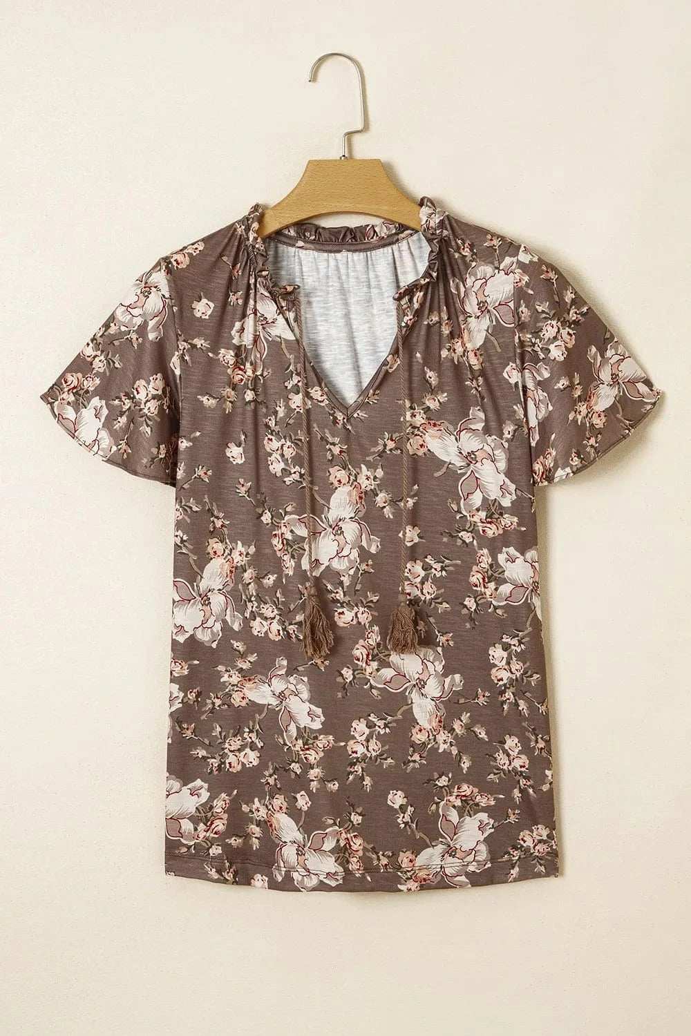 Floral Print Tassel Tie Split Neck Short Sleeve Blouse - Trendsi - Flyclothing LLC