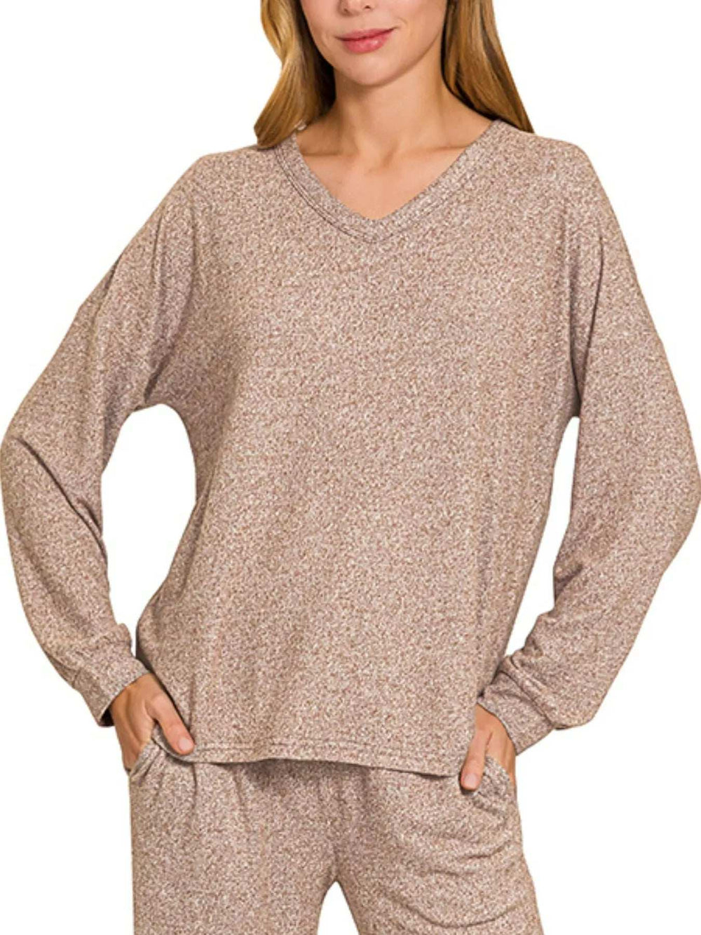 Zenana Soft Melange Long Sleeve Tee & Pants Set - Trendsi - Flyclothing LLC