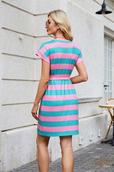 Tied Contrast Striped Short Sleeve Mini Tee Dress - Trendsi - Flyclothing LLC