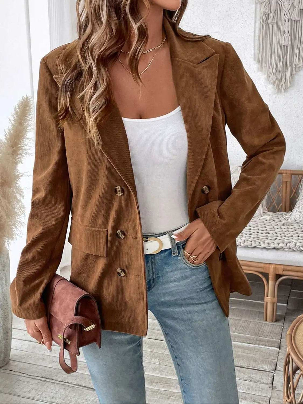 Perfee Decorative Pocket Flap Lapel Collar Long Sleeve Outerwear - Trendsi - Flyclothing LLC