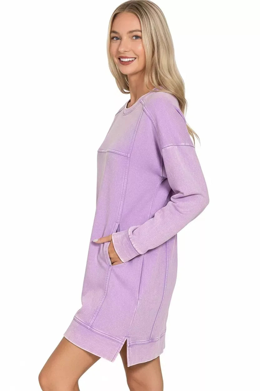 Zenana French Terry Acid Washed Dress with Pockets - Trendsi - Flyclothing LLC