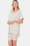 Zenana Full Size V-Neck Short Sleeve Slit T-Shirt and Shorts Set - Trendsi - Flyclothing LLC