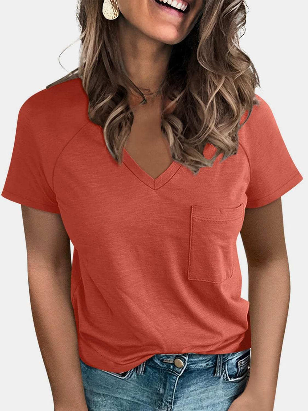 Pocketed V-Neck Short Sleeve T-Shirt - Trendsi - Flyclothing LLC