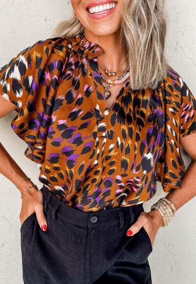 Leopard Notched Short Sleeve Blouse - Trendsi - Flyclothing LLC