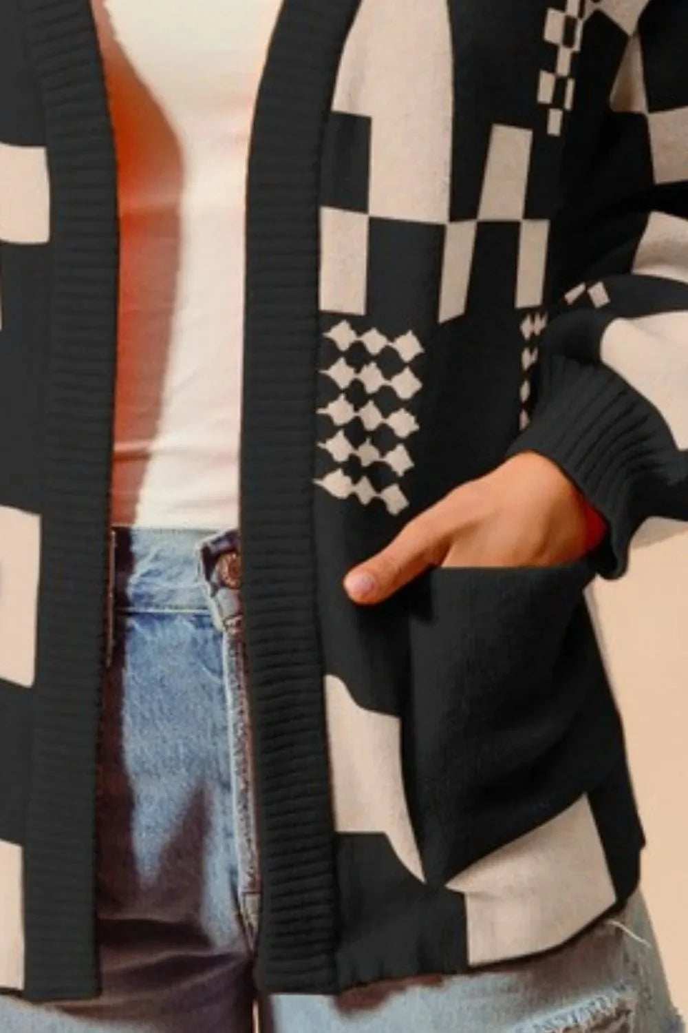 SO ME Checkered Open Front Cardigan with Pockets - Trendsi - Flyclothing LLC