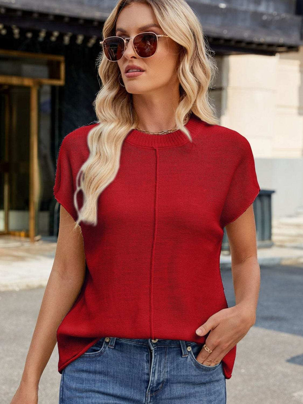 Exposed Seam Round Neck Short Sleeve Sweater - Trendsi - Flyclothing LLC