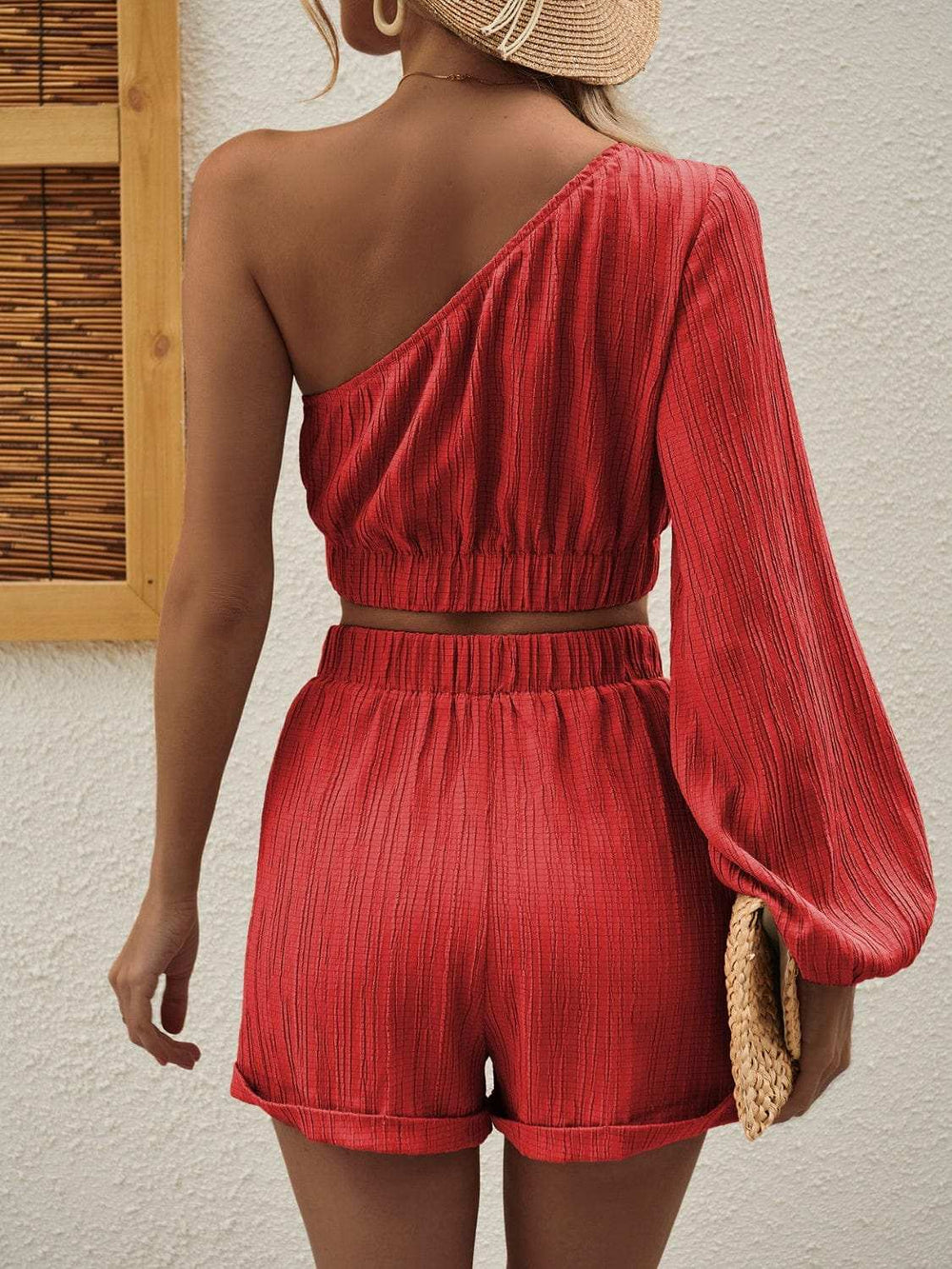 One Shoulder Long Sleeve Top and Shorts Set - Trendsi - Flyclothing LLC