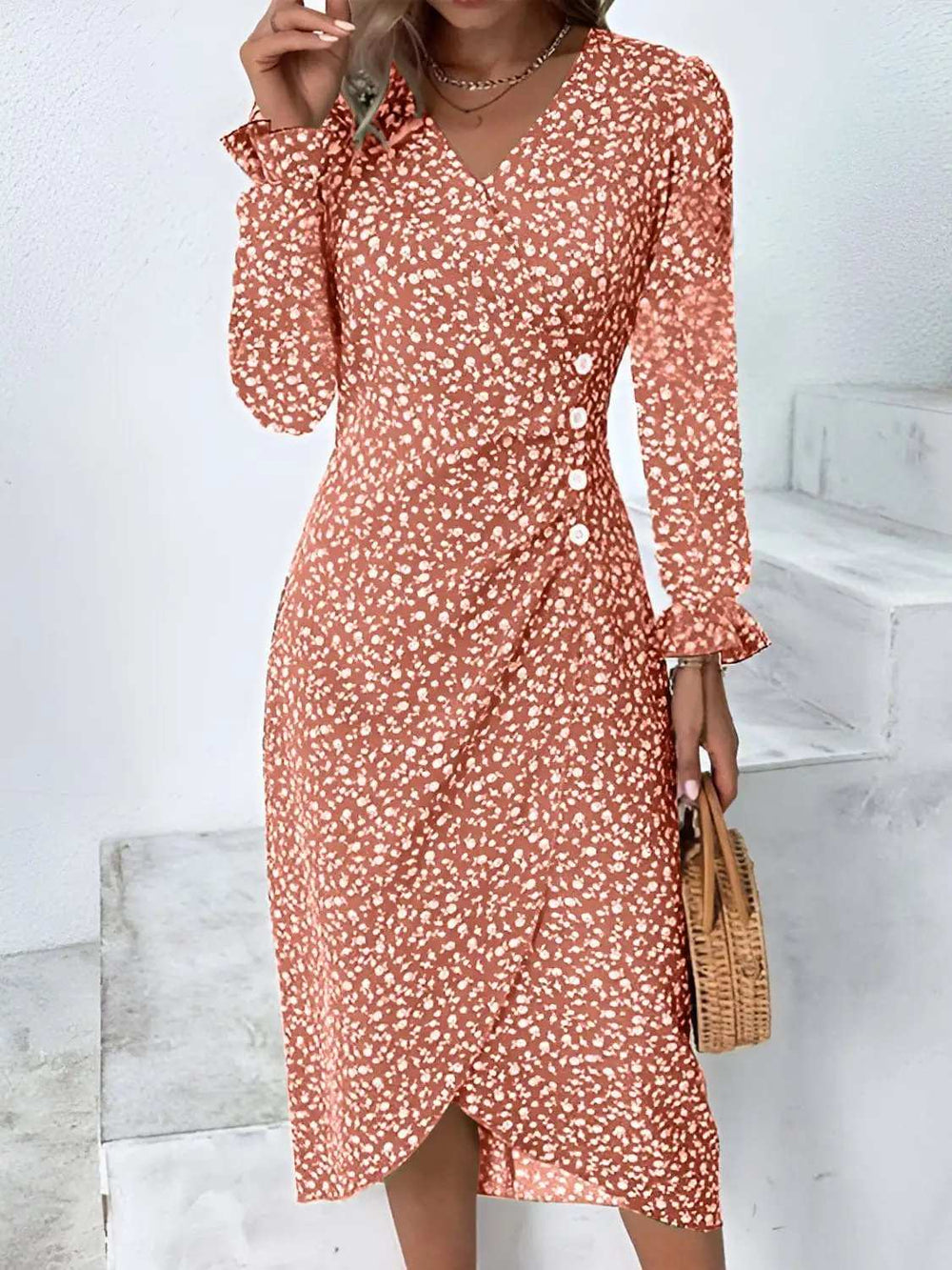 Full Size Printed Surplice Long Sleeve Midi Dress - Trendsi - Flyclothing LLC