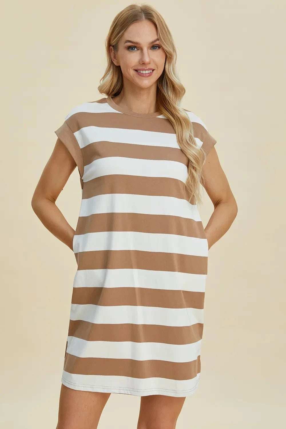 Basic Bae Full Size Striped Round Neck Cap Sleeve Mini Dress - Trendsi - Flyclothing LLC