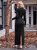 Slit Twisted Surplice Long Sleeve Dress - Trendsi - Flyclothing LLC