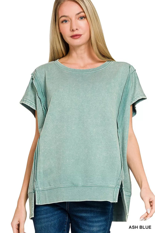 Zenana French Terry Acid Washed Hi-low Top - Trendsi - Flyclothing LLC