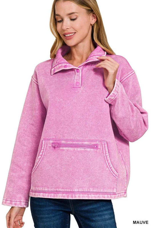 Zenana Fleece Washed High Neck Kangaroo Pocket Sweatshirt - Trendsi - Flyclothing LLC