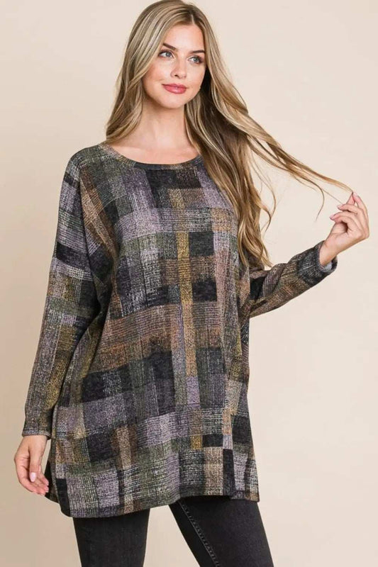 BOMBOM Plaid Round Neck Long Sleeve Top - Trendsi - Flyclothing LLC