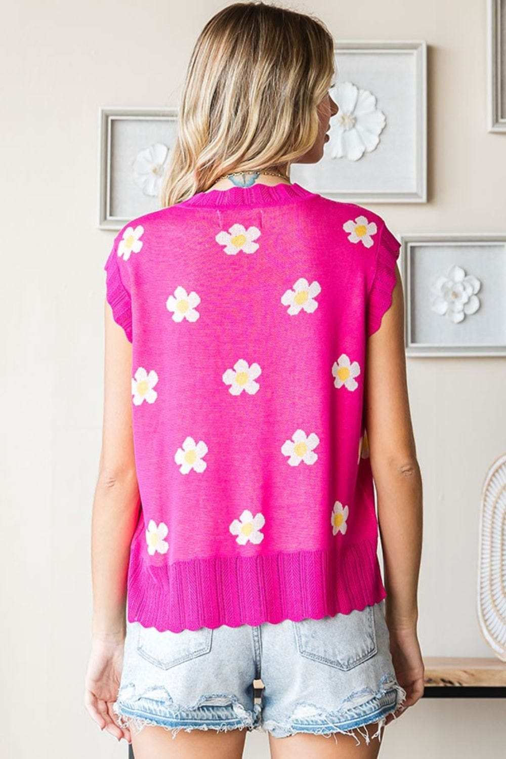 First Love Full Size Flower Pattern Round Neck Sweater Vest - Trendsi - Flyclothing LLC