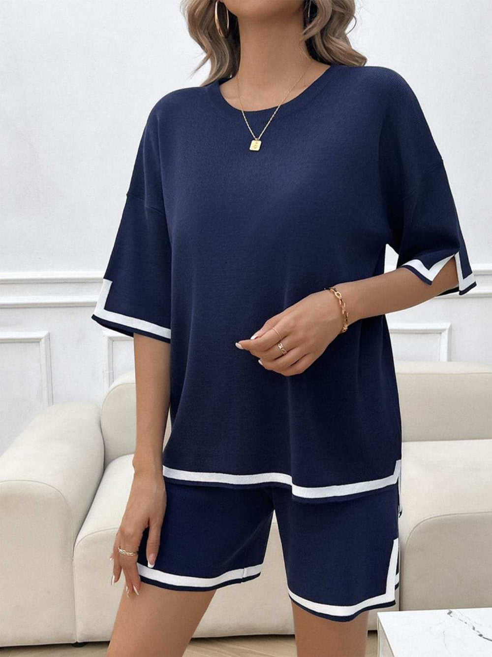 Contrast Trim Round Neck Top and Shorts Set - Trendsi - Flyclothing LLC