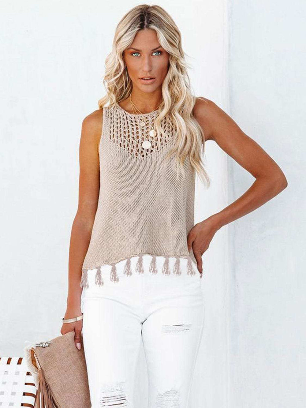 Cutout Tassel Round Neck Tank - Trendsi - Flyclothing LLC