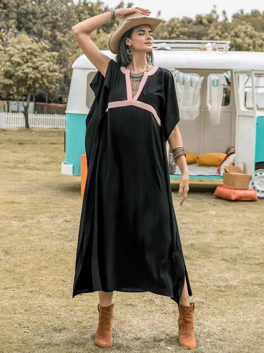 Contrast Trim Notched Slit Short Sleeve Midi Dress - Trendsi - Flyclothing LLC