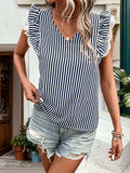 Lace Detail Ruffled Striped V-Neck Cap Sleeve Blouse - Trendsi - Flyclothing LLC