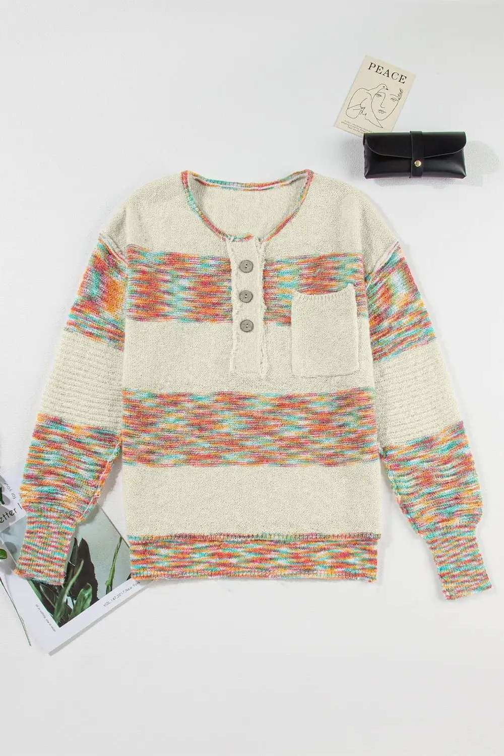 Contrast Half Button Long Sleeve Sweater - Trendsi - Flyclothing LLC