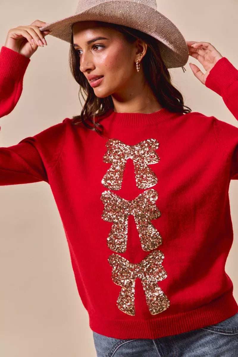 SO ME Sequins Bow Ribbon Embellished Christmas Sweater - Trendsi - Flyclothing LLC