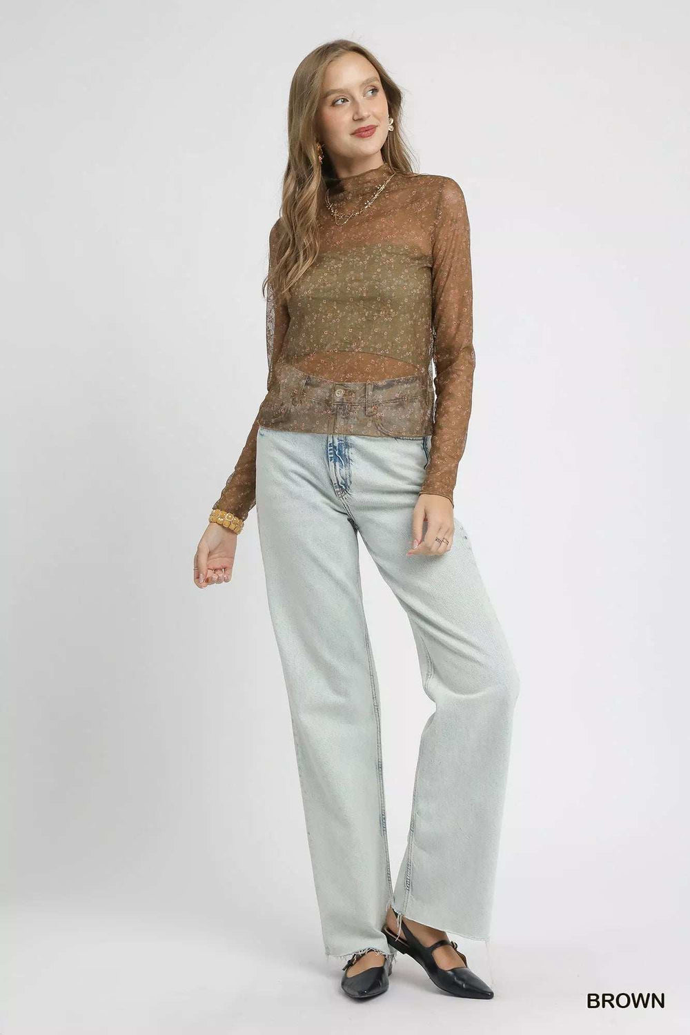 Umgee Nylon Lace Mesh Long Sleeve Top - Trendsi - Flyclothing LLC