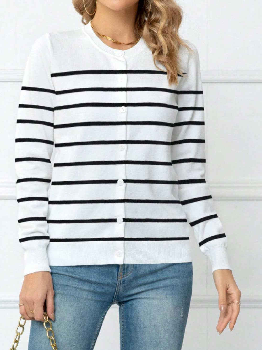 Striped Round Neck Button Up Cardigan - Trendsi - Flyclothing LLC