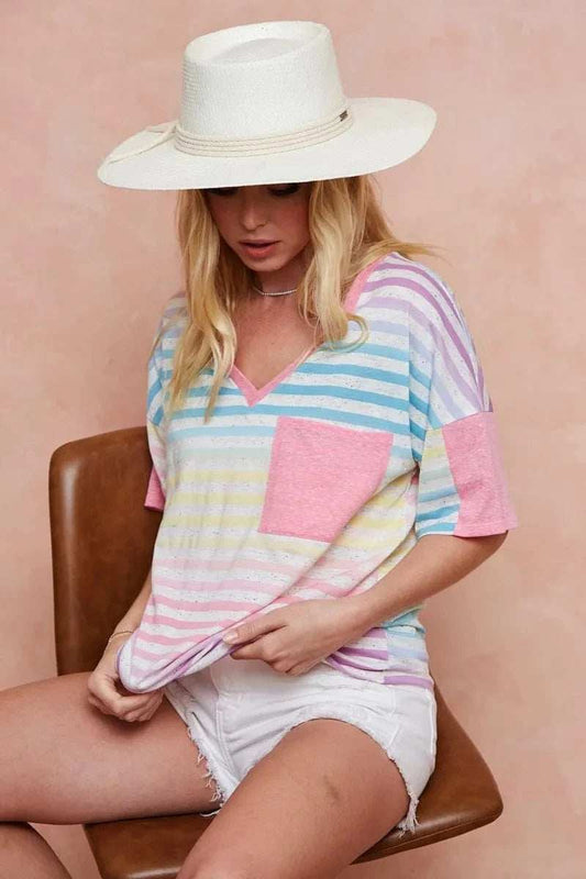 BiBi Rainbow Stripe Printed Triblend Knit Top - Trendsi - Flyclothing LLC