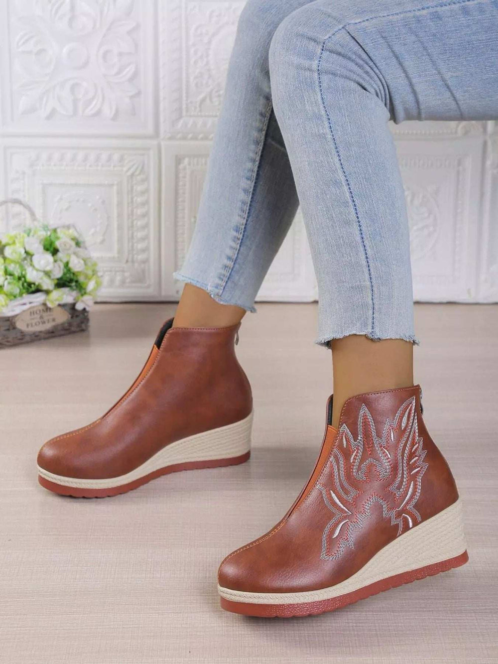 Round Toe Wedge Ankle Boots - Trendsi - Flyclothing LLC