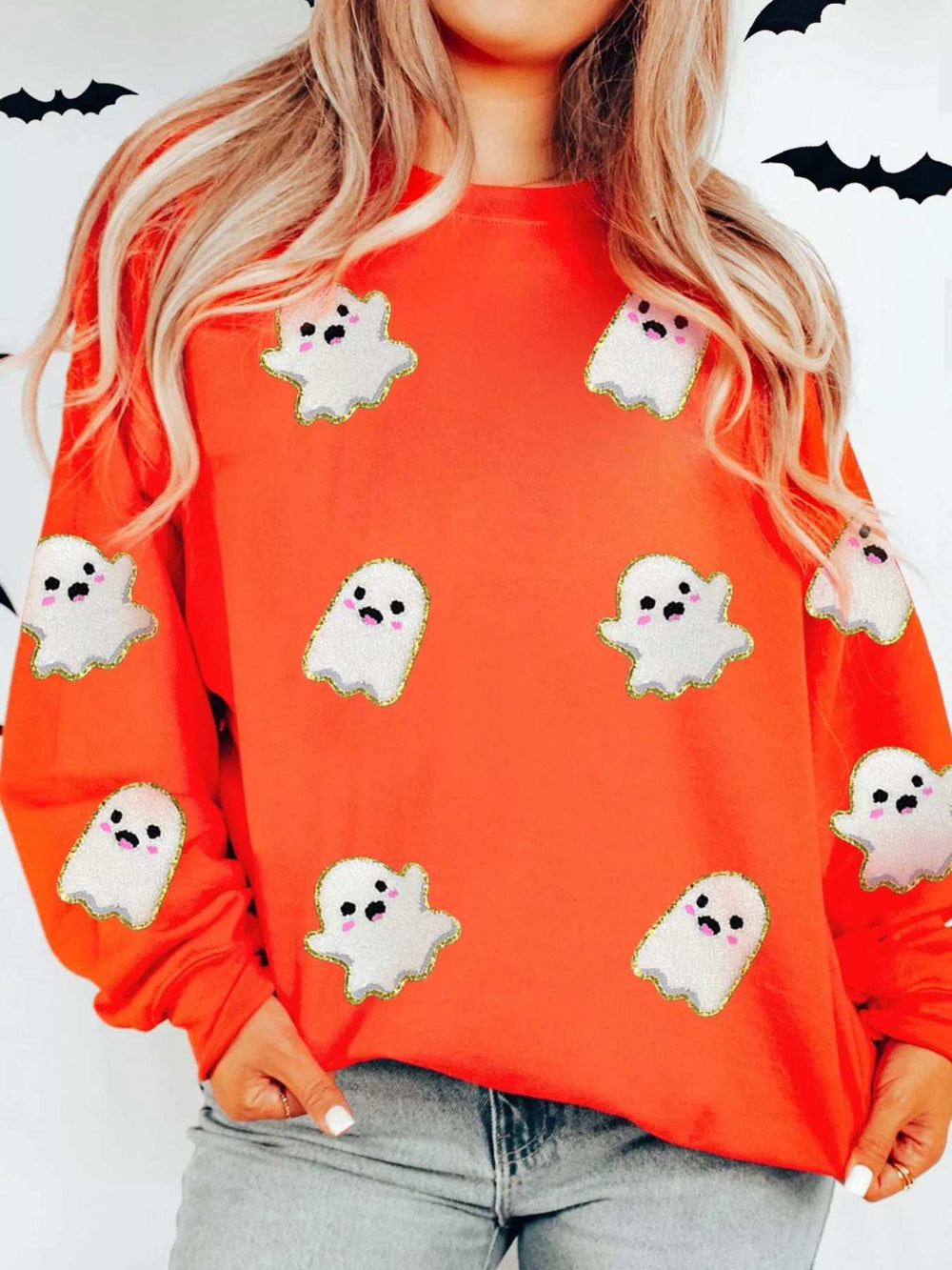 Halloween Ghost Patched Pattern Holiday Sweatshirt - Trendsi - Flyclothing LLC