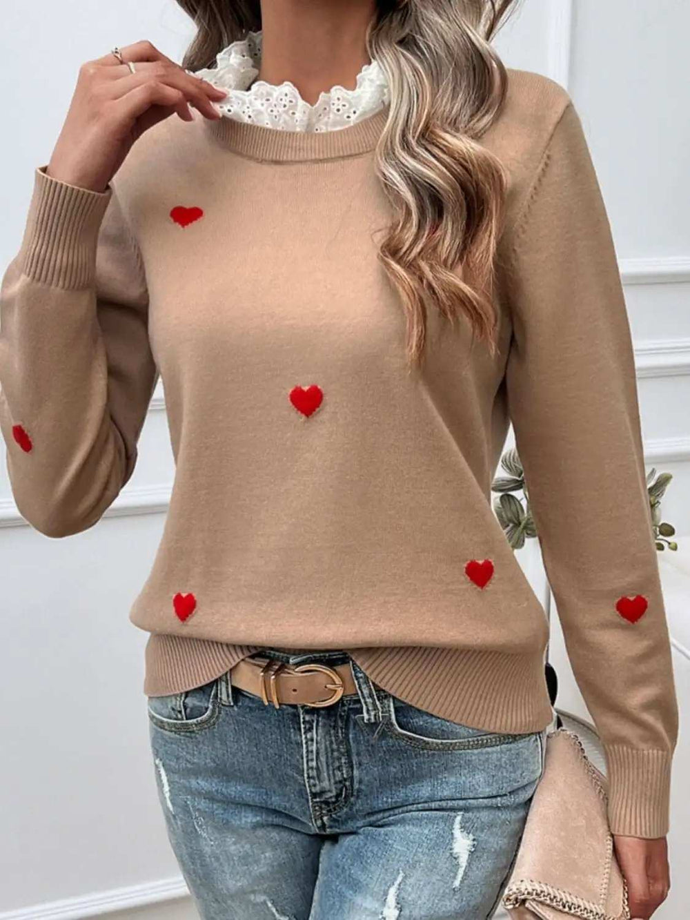 Lace Detail Heart Long Sleeve Sweater - Trendsi - Flyclothing LLC