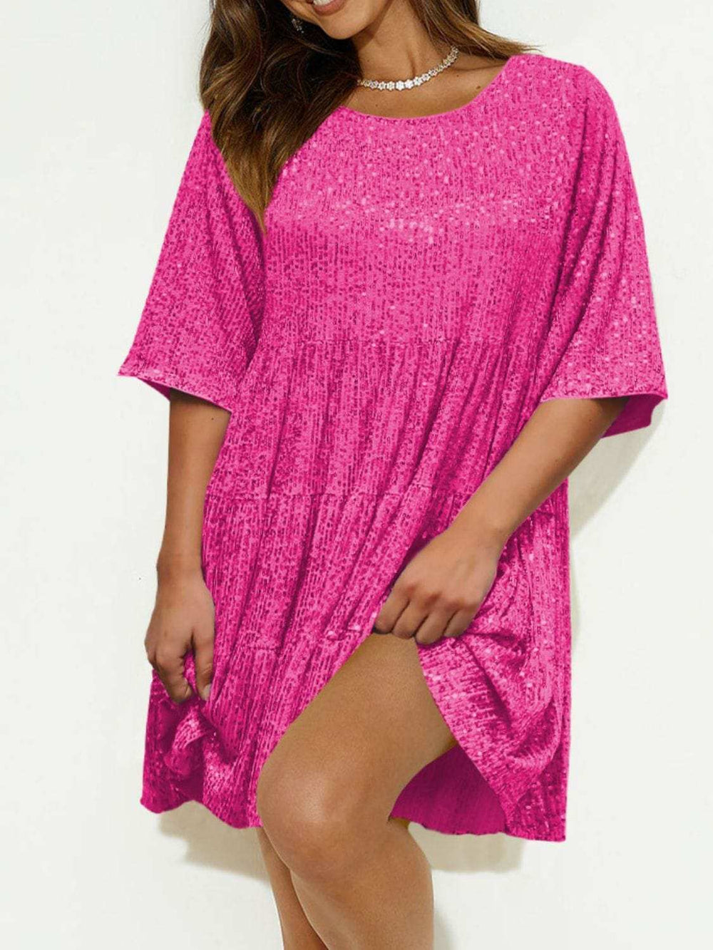 Sequin Round Neck Half Sleeve Mini Dress - Trendsi - Flyclothing LLC