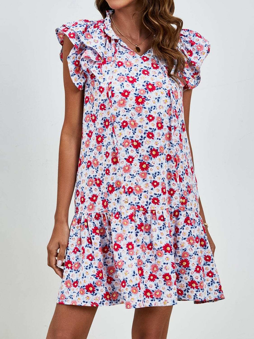 Tied Floral Cap Sleeve Mini Dress - Trendsi - Flyclothing LLC