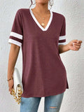 Contrast Trim V-Neck Short Sleeve T-Shirt - Trendsi - Flyclothing LLC