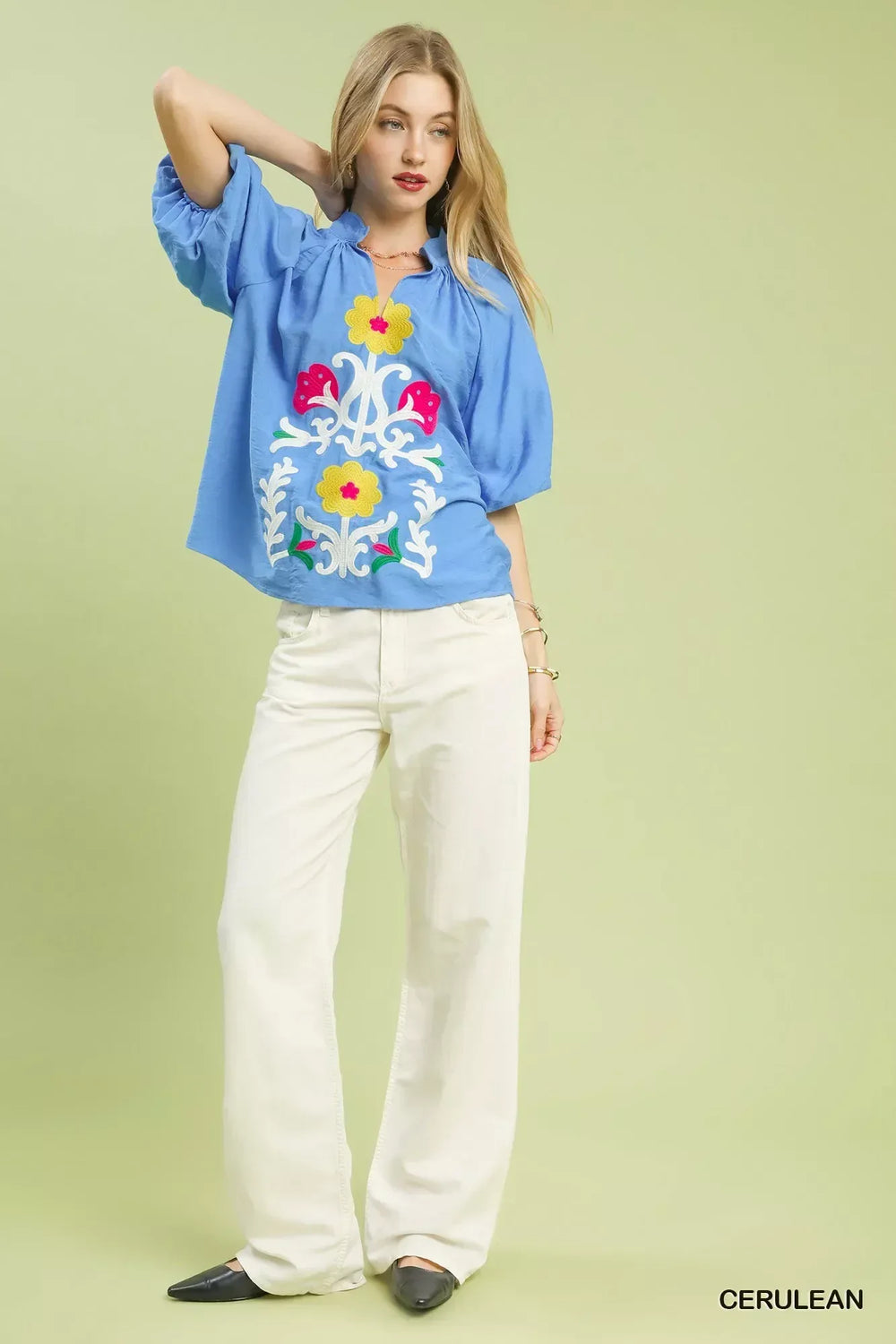 Umgee Embroidered Boho Puff Sleeve Blouse - Trendsi - Flyclothing LLC