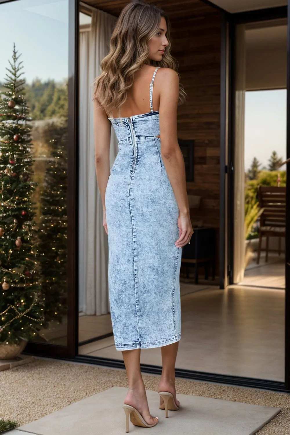 Cutout Slit Spaghetti Strap Denim Dress - Trendsi - Flyclothing LLC