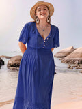 Plus Size Lace Detail Tie Neck Short Sleeve Maxi Dress - Trendsi - Flyclothing LLC