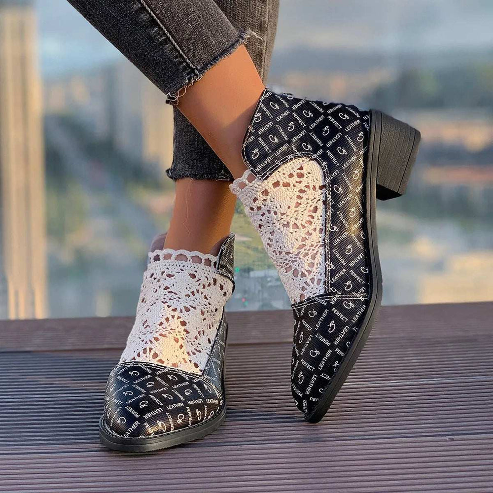 Printed Point Toe Block Heels Boots - Trendsi - Flyclothing LLC
