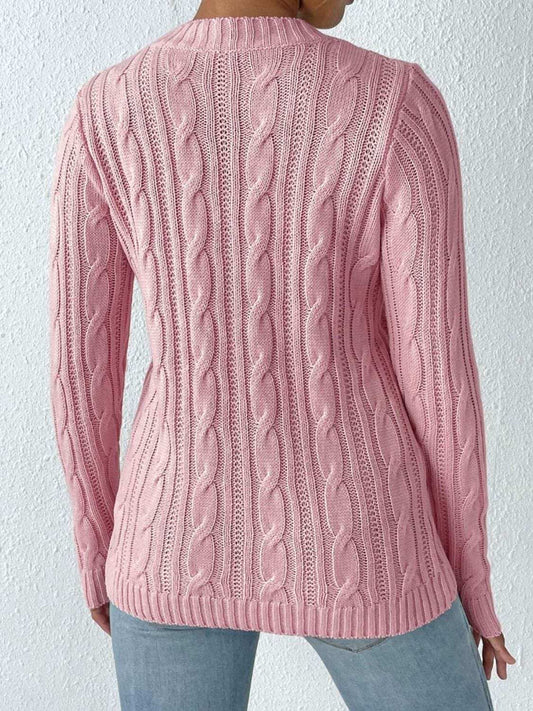 Cable-Knit Heart Round Neck Long Sleeve Sweater - Trendsi - Flyclothing LLC