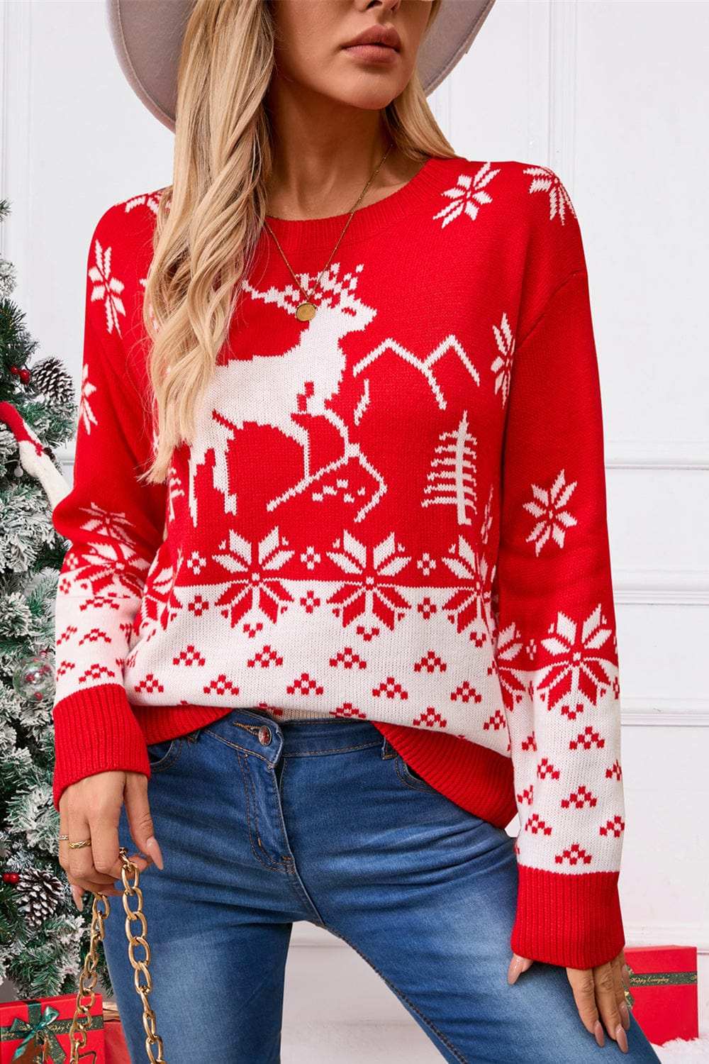 Angel Wings Deer Pattern Round Neck Long Sleeve Sweater - Trendsi - Flyclothing LLC