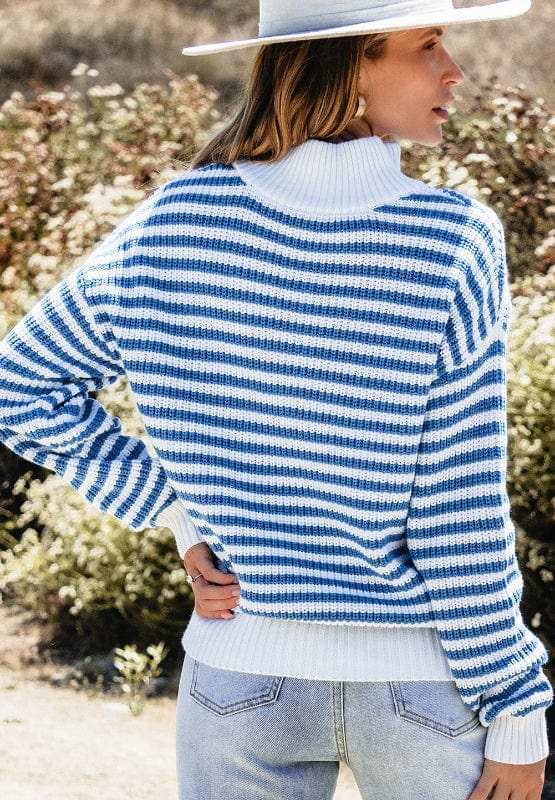 Striped Half Zip Mock Neck Long Sleeve Sweater - Trendsi - Flyclothing LLC