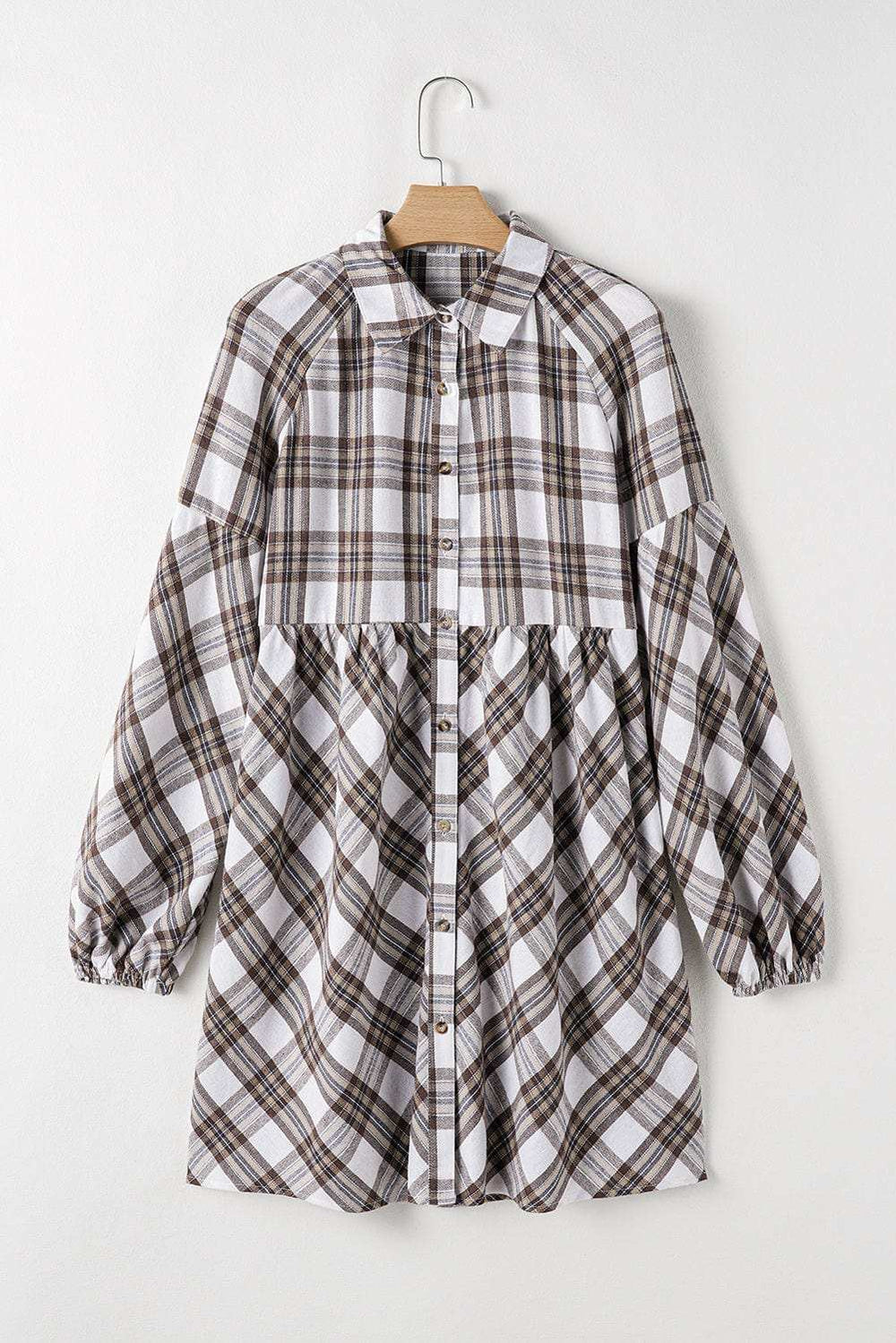 Full Size Plaid Collared Neck Balloon Sleeve Mini Shirt Dress - Trendsi - Flyclothing LLC