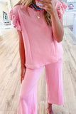 Textured Pearled Ruffled Sleeve Top and Wide Leg Pants Set - Trendsi - Flyclothing LLC