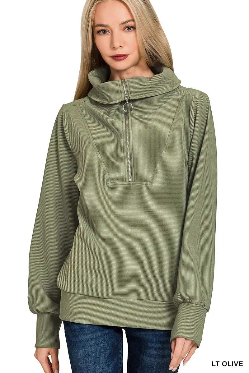 Zenana Ribbed High Neck Half Zip Pullover & Pants Set - Trendsi - Flyclothing LLC