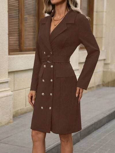 Double-Breasted Lapel Collar Long Sleeve Dress - Trendsi - Flyclothing LLC