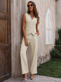 Button Down V-Neck Vest and Pants Set - Trendsi - Flyclothing LLC