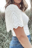 Eyelet Short Sleeve Patchwork Ribbed Top - Trendsi - Flyclothing LLC