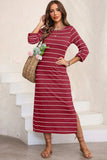 Slit Striped Round Neck Midi Dress - Trendsi - Flyclothing LLC