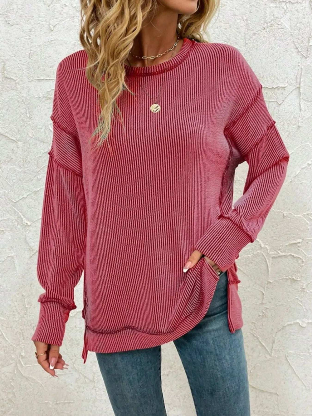 Side Slit Round Neck Dropped Shoulder Sweatshirt - Trendsi - Flyclothing LLC