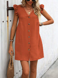 Button Up V-Neck Cap Sleeve Mini Dress - Trendsi - Flyclothing LLC