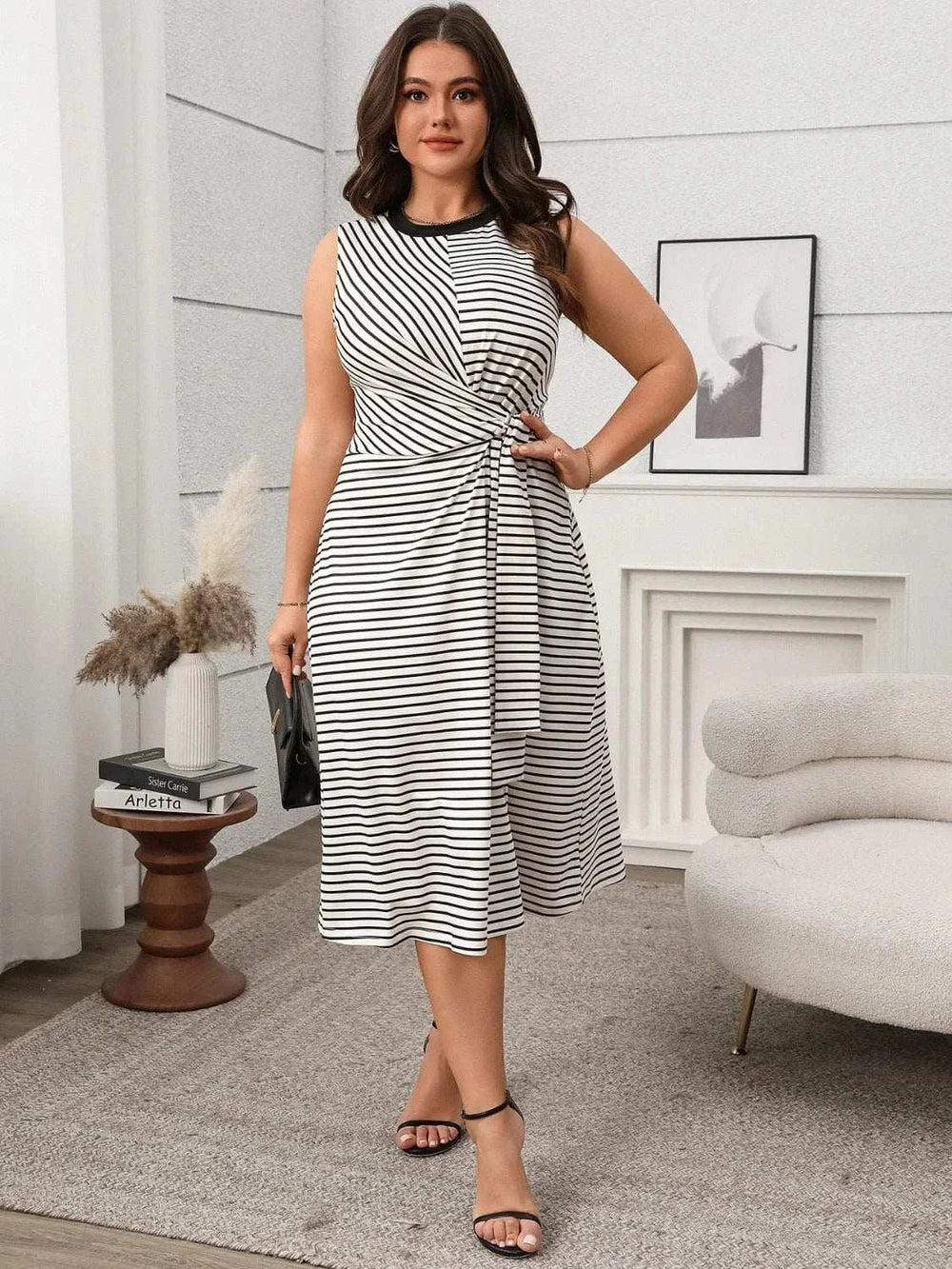 Striped Round Neck Sleeveless Midi Tank Dress - Trendsi - Flyclothing LLC